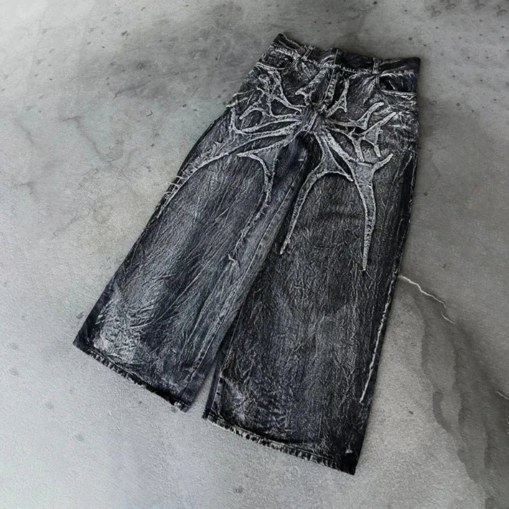 Streetwear Gothic Retro Baggy Fit Unisex Mopping Pants Y2K Phantom Jeans High Street Spider Embroidered Patch Hip Hop