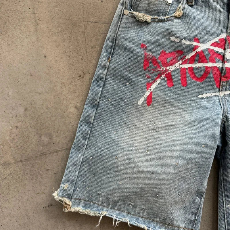 Jorts Rhinestone Y2K Graffiti  Distressed Printed Denim Shorts Men Women Trend Retro Hip Hop Streetwear Unisex Baggy Short Pants