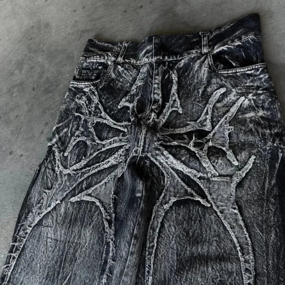 Streetwear Gothic Retro Baggy Fit Unisex Mopping Pants Y2K Phantom Jeans High Street Spider Embroidered Patch Hip Hop