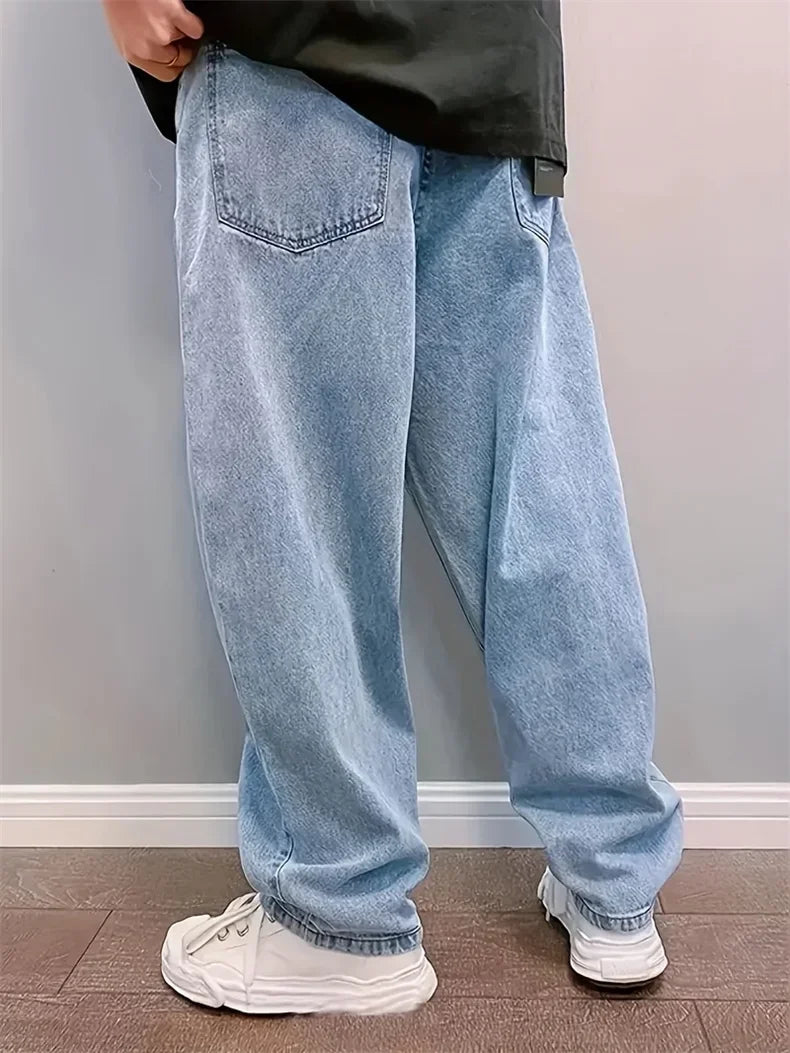Hip Hop Harajuku Men Baggy Jeans Light Blue Straight Oversize Casual Wide Leg Denim Pants Streetwear Loose Korean Trousers