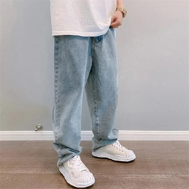 Hip Hop Harajuku Men Baggy Jeans Light Blue Straight Oversize Casual Wide Leg Denim Pants Streetwear Loose Korean Trousers