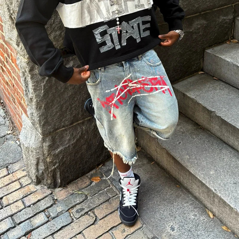 Jorts Rhinestone Y2K Graffiti  Distressed Printed Denim Shorts Men Women Trend Retro Hip Hop Streetwear Unisex Baggy Short Pants