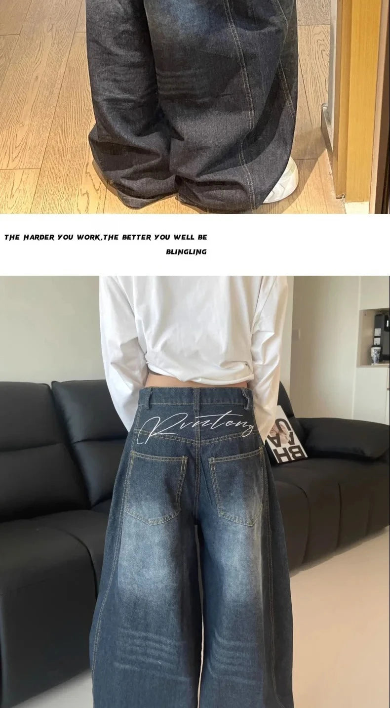 New Womens Jeans High Waist Vintage Design Hip Hop Straight Baggy Denim Pants Street Y2K American Style Wide Leg Denim Trouser