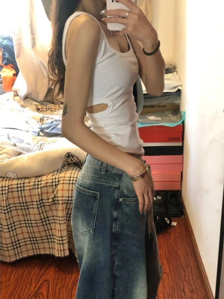 Vintage Drawstring Jeans Women High Waist Baggy Straight Leg Jeans Y2K Wide Leg Floor Length Pants Streetwear Denim Trousers New