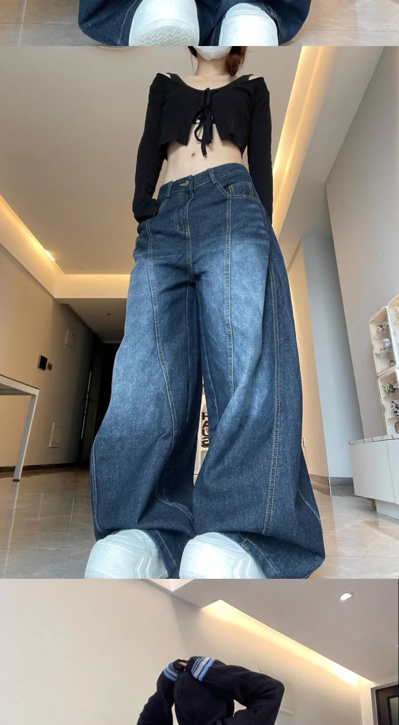 New Womens Jeans High Waist Vintage Design Hip Hop Straight Baggy Denim Pants Street Y2K American Style Wide Leg Denim Trouser
