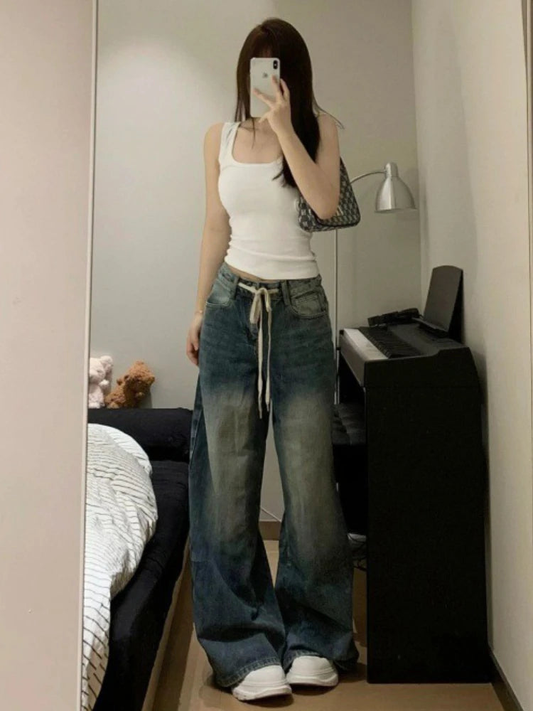 Vintage Drawstring Jeans Women High Waist Baggy Straight Leg Jeans Y2K Wide Leg Floor Length Pants Streetwear Denim Trousers New