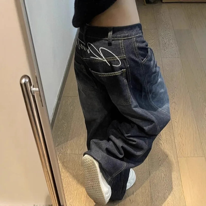 New Womens Jeans High Waist Vintage Design Hip Hop Straight Baggy Denim Pants Street Y2K American Style Wide Leg Denim Trouser