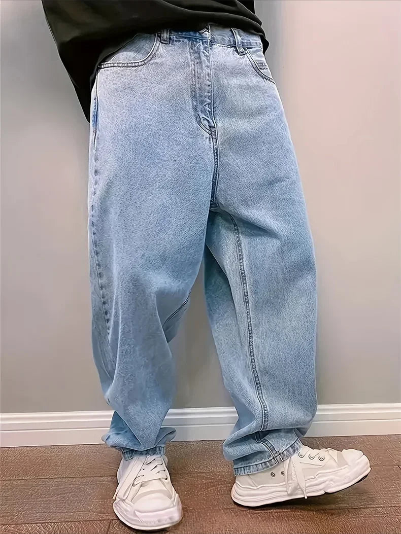 Hip Hop Harajuku Men Baggy Jeans Light Blue Straight Oversize Casual Wide Leg Denim Pants Streetwear Loose Korean Trousers
