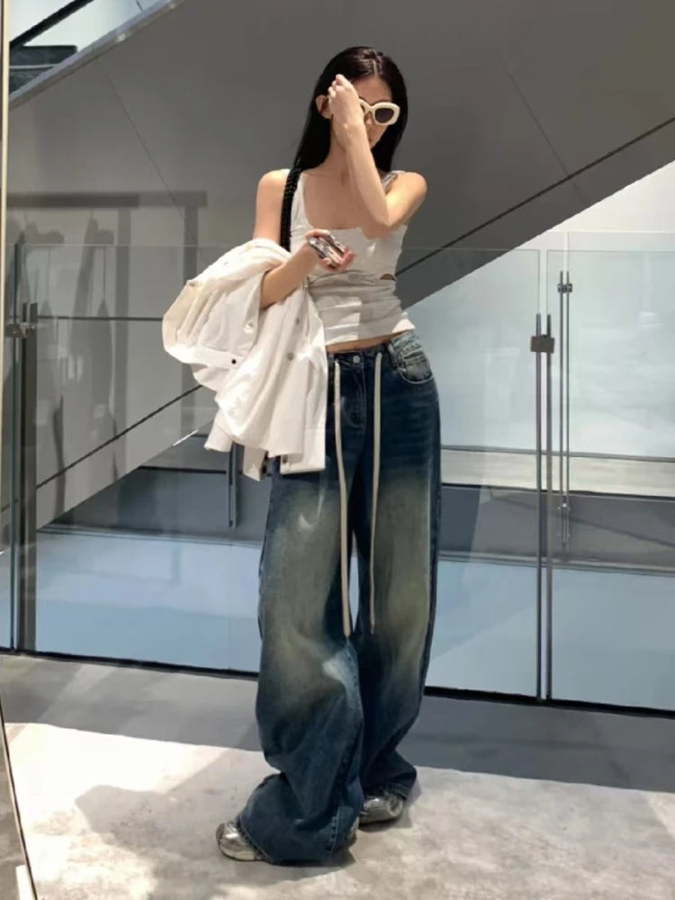 Vintage Drawstring Jeans Women High Waist Baggy Straight Leg Jeans Y2K Wide Leg Floor Length Pants Streetwear Denim Trousers New
