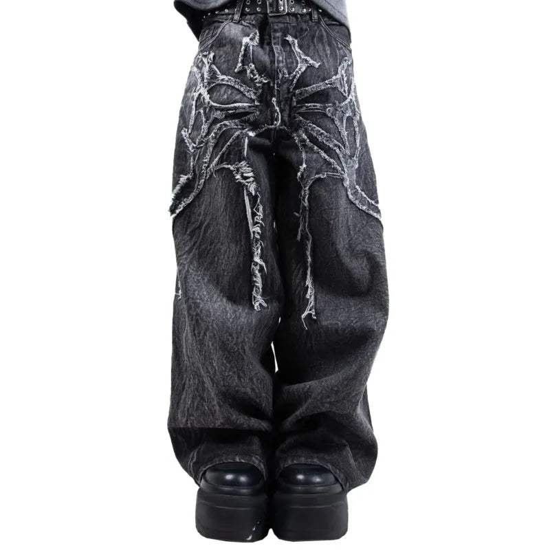 Y2K Retro Oversized Baggy Unisex Mopping Pants Phantom Jeans Men High Street Spider Embroidered Patch Hip Hop Streetwear Gothic