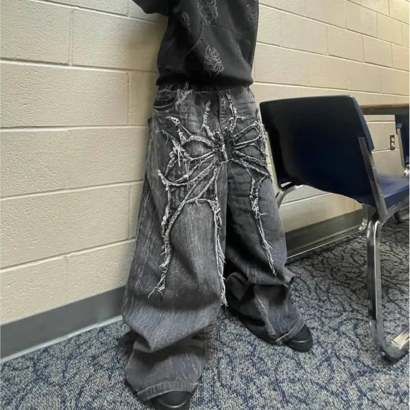 Y2K Retro Oversized Baggy Unisex Mopping Pants Phantom Jeans Men High Street Spider Embroidered Patch Hip Hop Streetwear Gothic