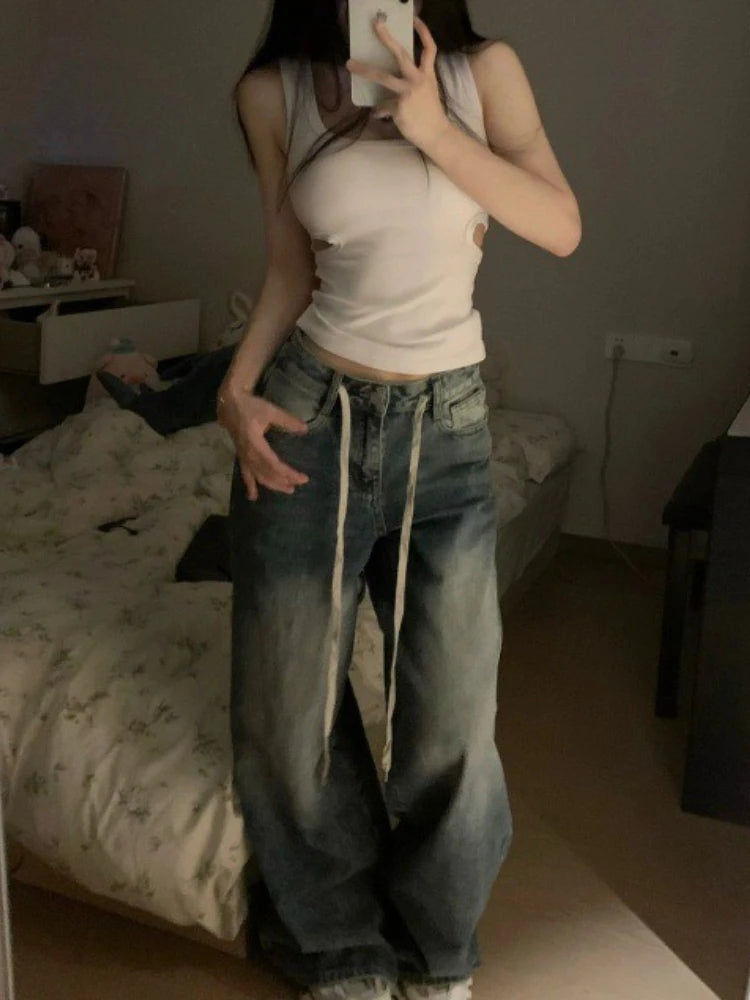 Vintage Drawstring Jeans Women High Waist Baggy Straight Leg Jeans Y2K Wide Leg Floor Length Pants Streetwear Denim Trousers New