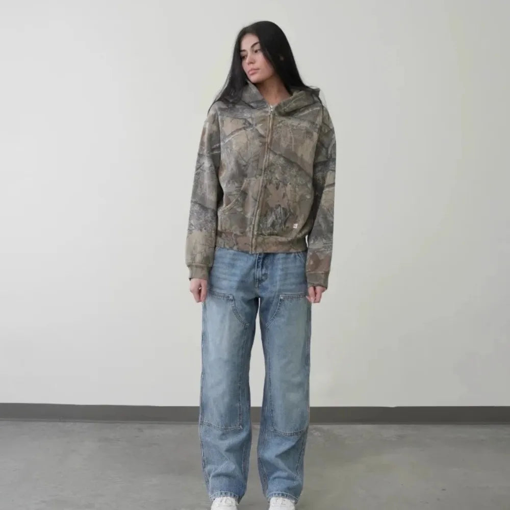 Hoodie Y2K Retro zip up Camouflage Pattern zipper Sweatshirt High Street Hip Hop Streetwear Oversized Unisex Camo Hoodie