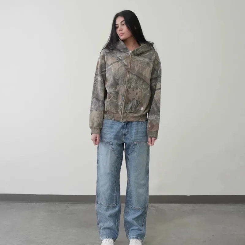 Hoodie Y2K Retro zip up Camouflage Pattern zipper Sweatshirt High Street Hip Hop Streetwear Oversized Unisex Camo Hoodie