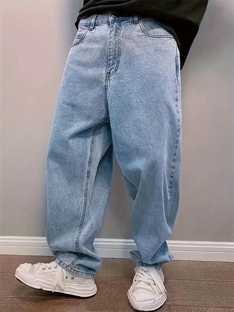 Hip Hop Harajuku Men Baggy Jeans Light Blue Straight Oversize Casual Wide Leg Denim Pants Streetwear Loose Korean Trousers