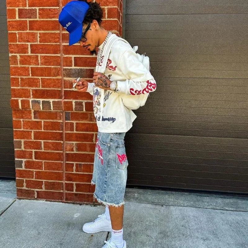 Jorts Rhinestone Y2K Graffiti  Distressed Printed Denim Shorts Men Women Trend Retro Hip Hop Streetwear Unisex Baggy Short Pants