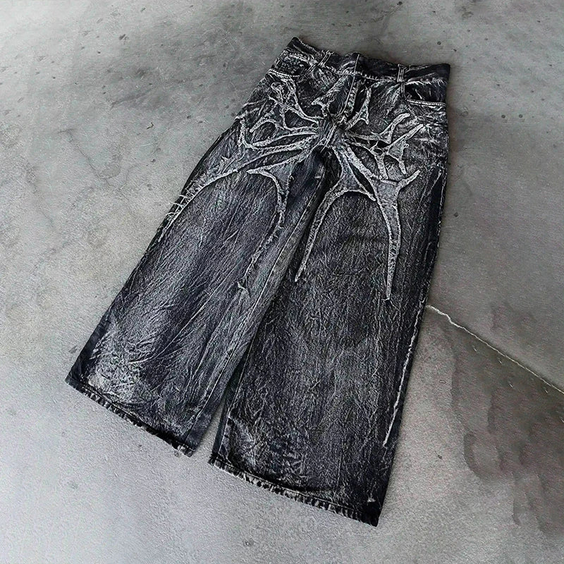Y2K Retro Oversized Baggy Unisex Mopping Pants Phantom Jeans Men High Street Spider Embroidered Patch Hip Hop Streetwear Gothic