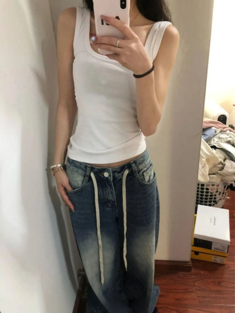 Vintage Drawstring Jeans Women High Waist Baggy Straight Leg Jeans Y2K Wide Leg Floor Length Pants Streetwear Denim Trousers New
