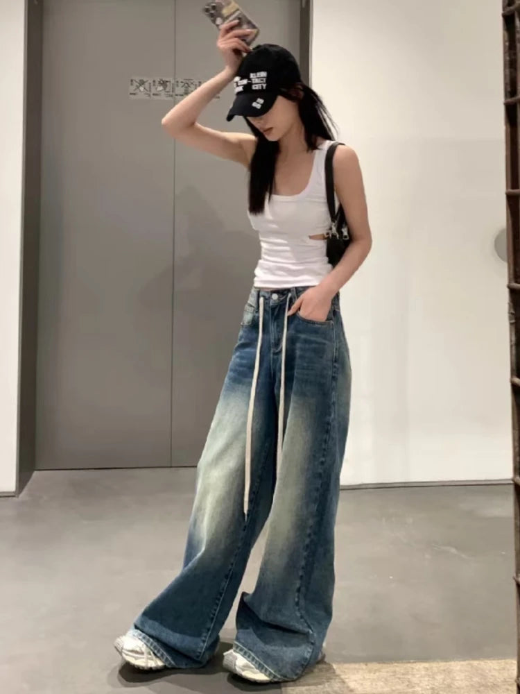 Vintage Drawstring Jeans Women High Waist Baggy Straight Leg Jeans Y2K Wide Leg Floor Length Pants Streetwear Denim Trousers New