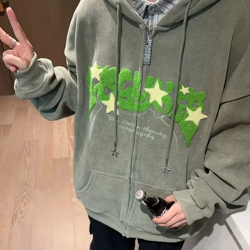 Y2k Zip Up Hoodie Women Autumn Retro Embroidered Letter Loose Long Sleeve Tops 2025 Casual Hooded Sweatshirts Harajuku Jackets