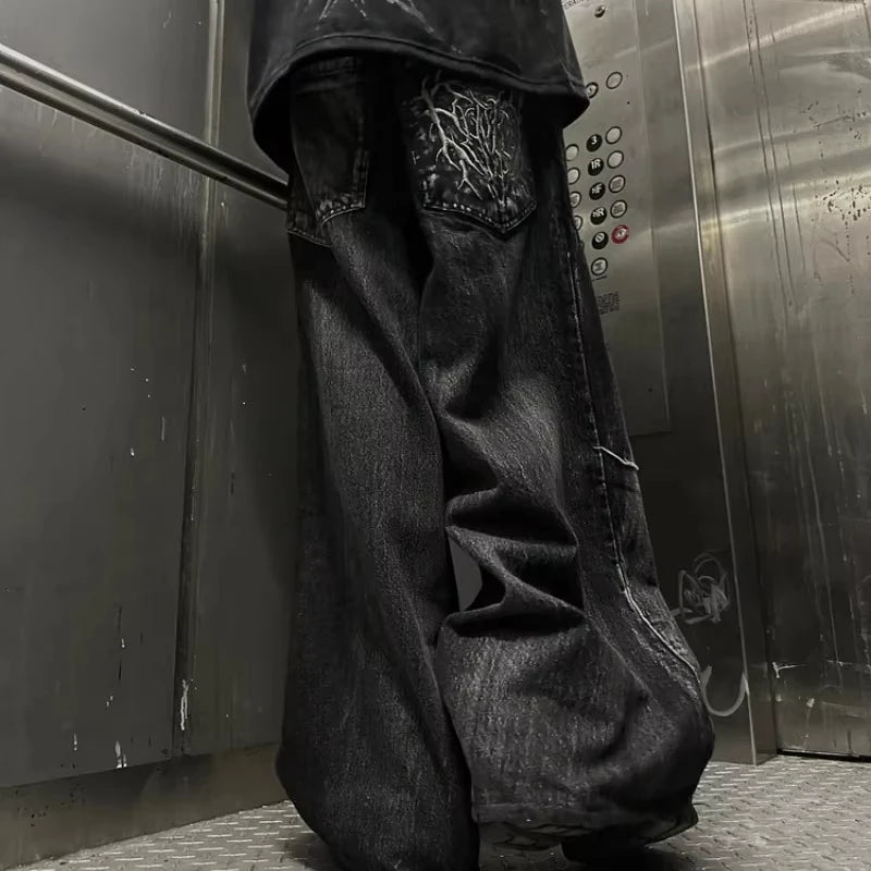 Y2K Retro Oversized Baggy Unisex Mopping Pants Phantom Jeans Men High Street Spider Embroidered Patch Hip Hop Streetwear Gothic