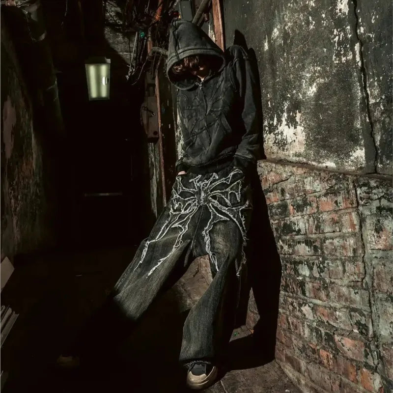 Y2K Retro Oversized Baggy Unisex Mopping Pants Phantom Jeans Men High Street Spider Embroidered Patch Hip Hop Streetwear Gothic