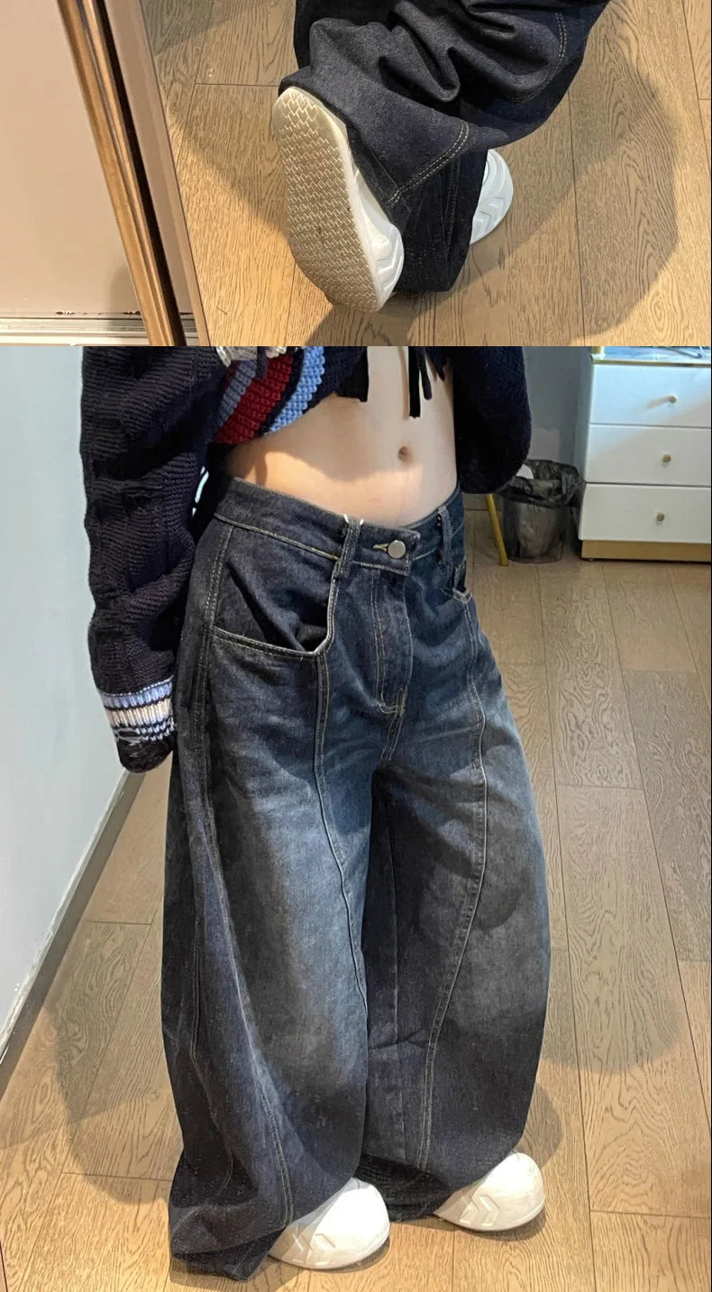 New Womens Jeans High Waist Vintage Design Hip Hop Straight Baggy Denim Pants Street Y2K American Style Wide Leg Denim Trouser