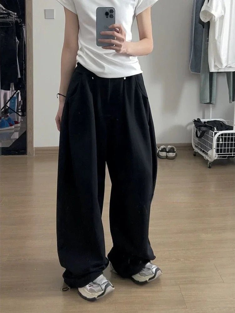Vintage Baggy Sweatpants Women Autumn 2025 New  Korean Loose Wide Leg Pants Zipper Fly Casual Sports Pants Streetwear