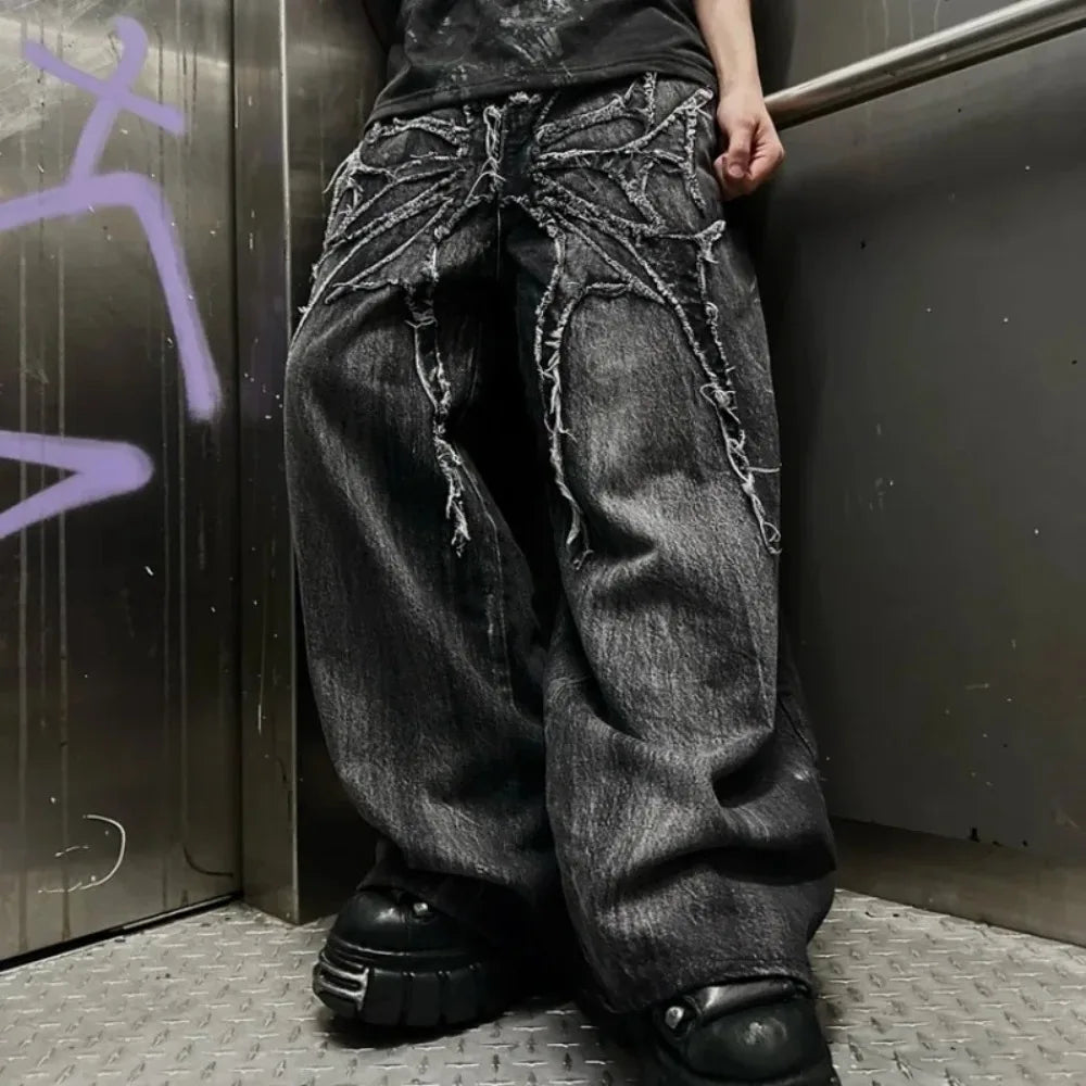 Streetwear Gothic Retro Baggy Fit Unisex Mopping Pants Y2K Phantom Jeans High Street Spider Embroidered Patch Hip Hop