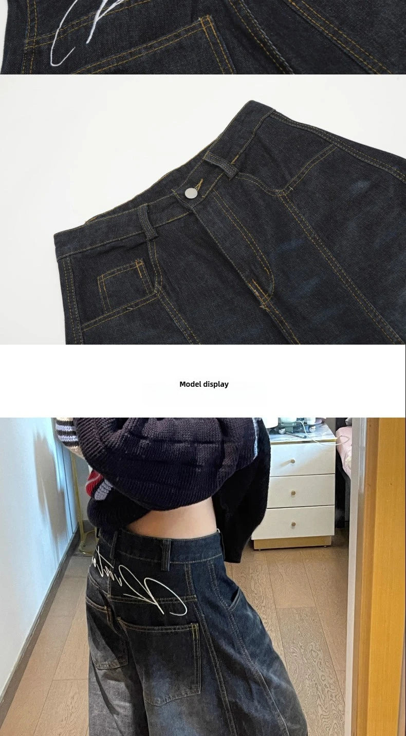 New Womens Jeans High Waist Vintage Design Hip Hop Straight Baggy Denim Pants Street Y2K American Style Wide Leg Denim Trouser