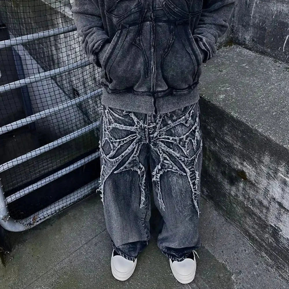 Y2K Retro Oversized Baggy Unisex Mopping Pants Phantom Jeans Men High Street Spider Embroidered Patch Hip Hop Streetwear Gothic