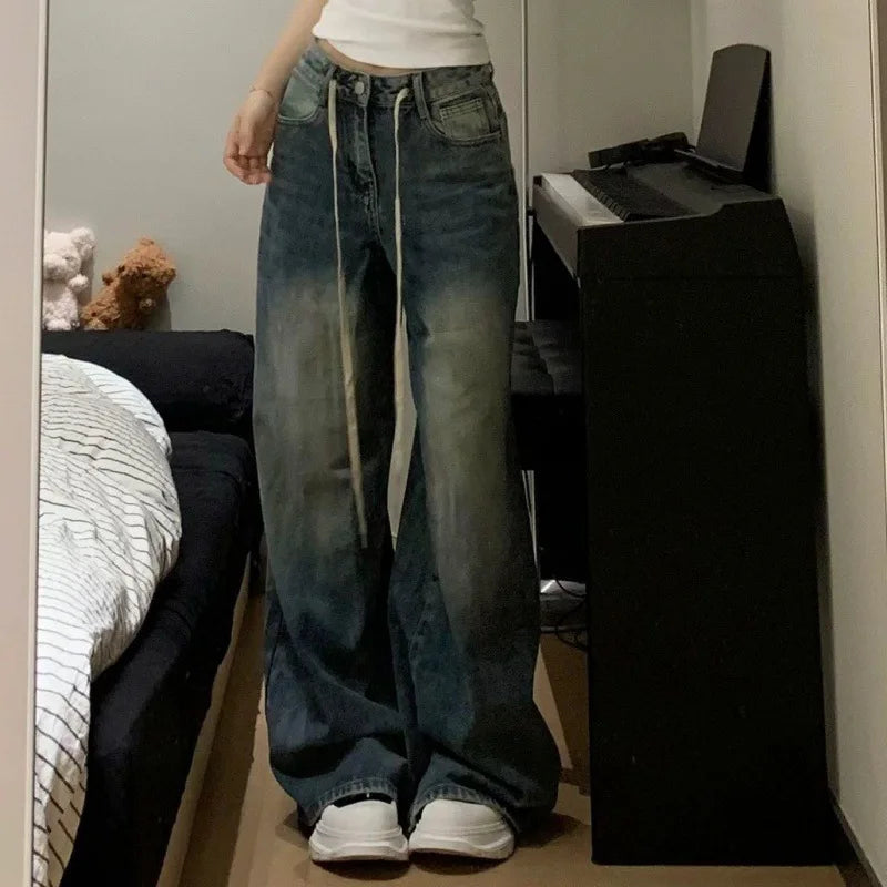Vintage Drawstring Jeans Women High Waist Baggy Straight Leg Jeans Y2K Wide Leg Floor Length Pants Streetwear Denim Trousers New