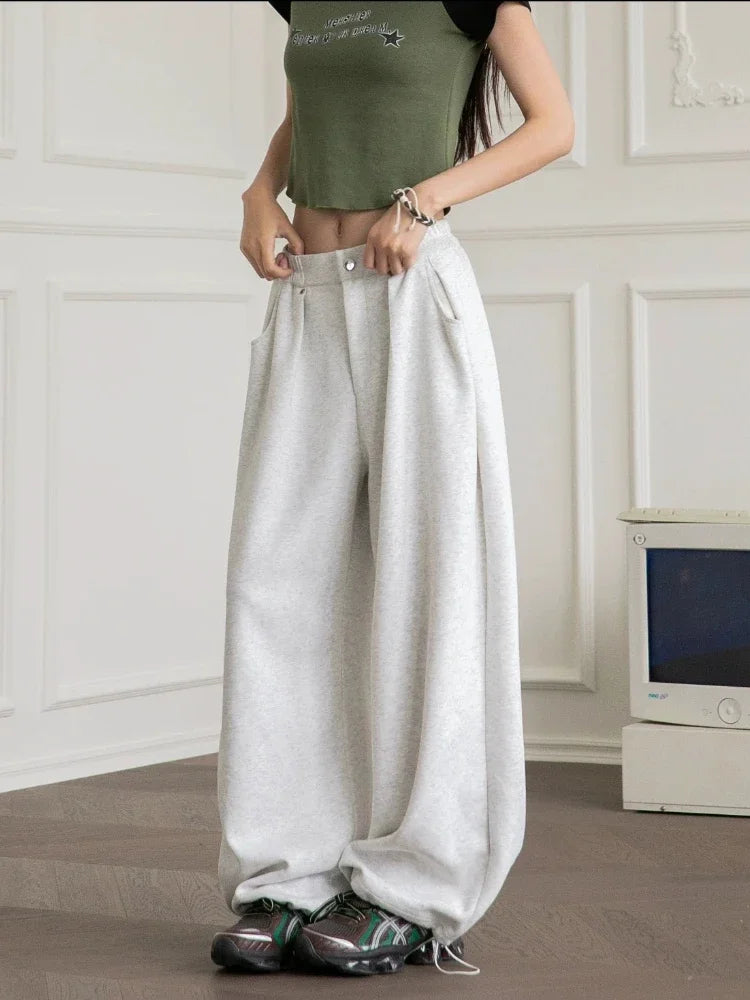 Vintage Baggy Sweatpants Women Autumn 2025 New  Korean Loose Wide Leg Pants Zipper Fly Casual Sports Pants Streetwear