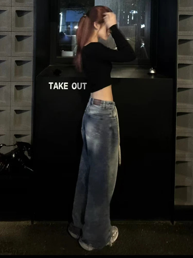 Vintage Drawstring Jeans Women High Waist Baggy Straight Leg Jeans Y2K Wide Leg Floor Length Pants Streetwear Denim Trousers New