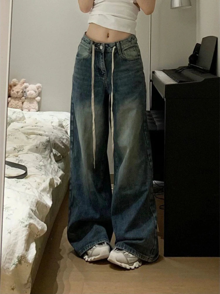 Vintage Drawstring Jeans Women High Waist Baggy Straight Leg Jeans Y2K Wide Leg Floor Length Pants Streetwear Denim Trousers New