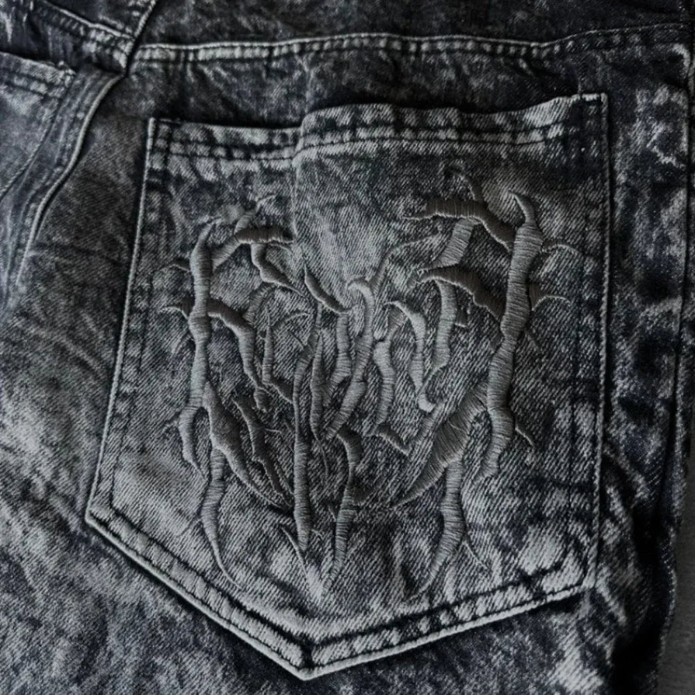 Streetwear Gothic Retro Baggy Fit Unisex Mopping Pants Y2K Phantom Jeans High Street Spider Embroidered Patch Hip Hop