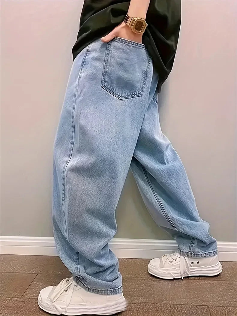Hip Hop Harajuku Men Baggy Jeans Light Blue Straight Oversize Casual Wide Leg Denim Pants Streetwear Loose Korean Trousers