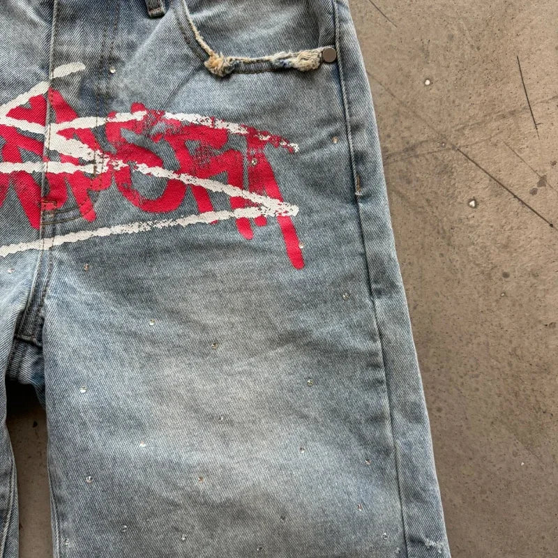 Jorts Rhinestone Y2K Graffiti  Distressed Printed Denim Shorts Men Women Trend Retro Hip Hop Streetwear Unisex Baggy Short Pants