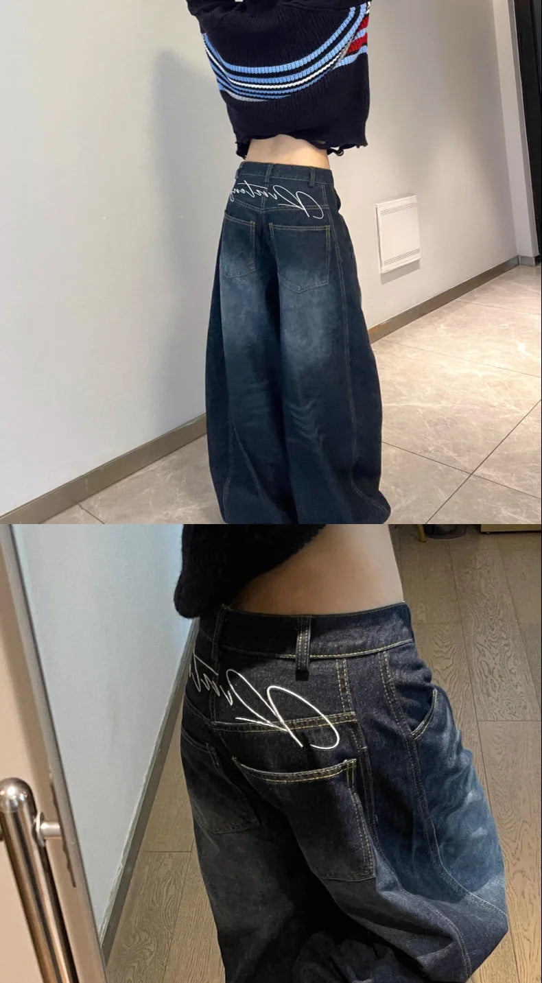 New Womens Jeans High Waist Vintage Design Hip Hop Straight Baggy Denim Pants Street Y2K American Style Wide Leg Denim Trouser