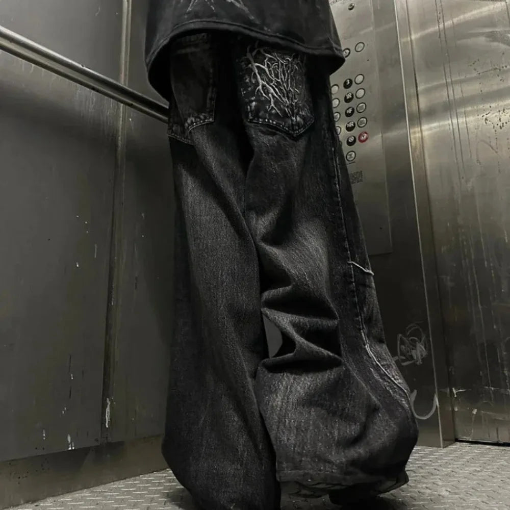 Streetwear Gothic Retro Baggy Fit Unisex Mopping Pants Y2K Phantom Jeans High Street Spider Embroidered Patch Hip Hop