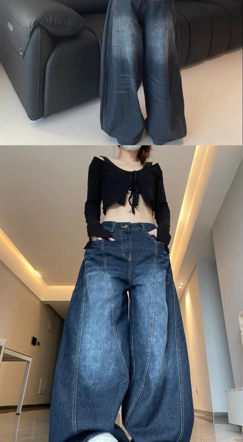 New Womens Jeans High Waist Vintage Design Hip Hop Straight Baggy Denim Pants Street Y2K American Style Wide Leg Denim Trouser