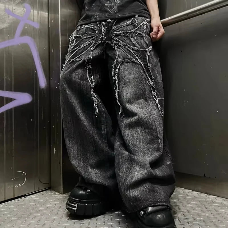 Y2K Retro Oversized Baggy Unisex Mopping Pants Phantom Jeans Men High Street Spider Embroidered Patch Hip Hop Streetwear Gothic