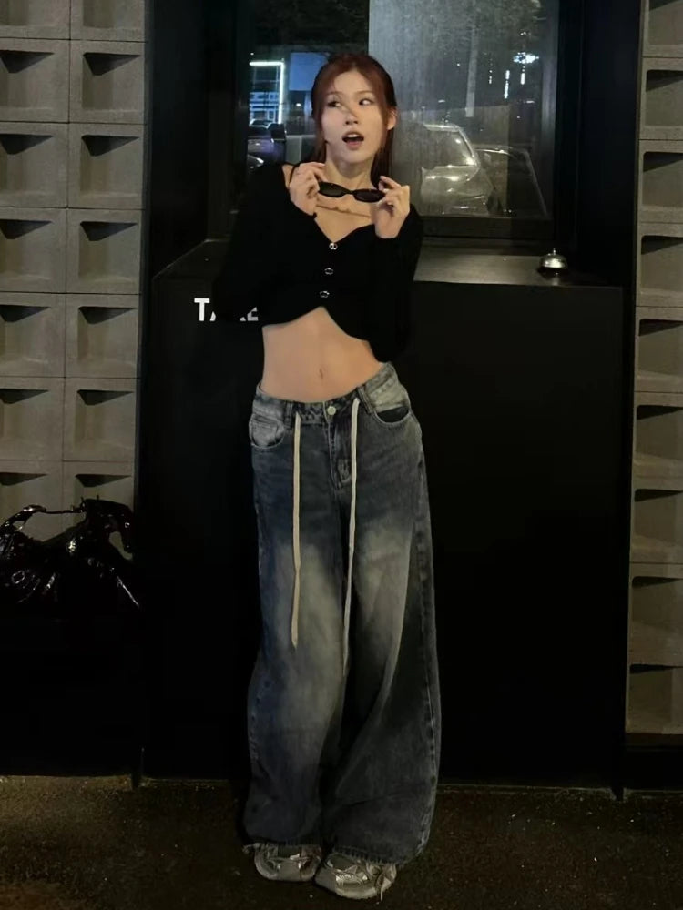 Vintage Drawstring Jeans Women High Waist Baggy Straight Leg Jeans Y2K Wide Leg Floor Length Pants Streetwear Denim Trousers New