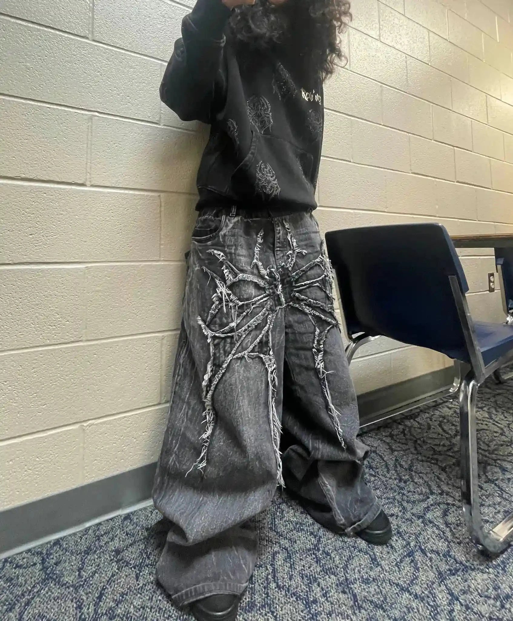 Y2K Retro Oversized Baggy Unisex Mopping Pants Phantom Jeans Men High Street Spider Embroidered Patch Hip Hop Streetwear Gothic