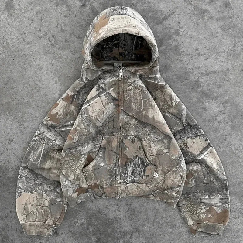 Hoodie Y2K Retro zip up Camouflage Pattern zipper Sweatshirt High Street Hip Hop Streetwear Oversized Unisex Camo Hoodie